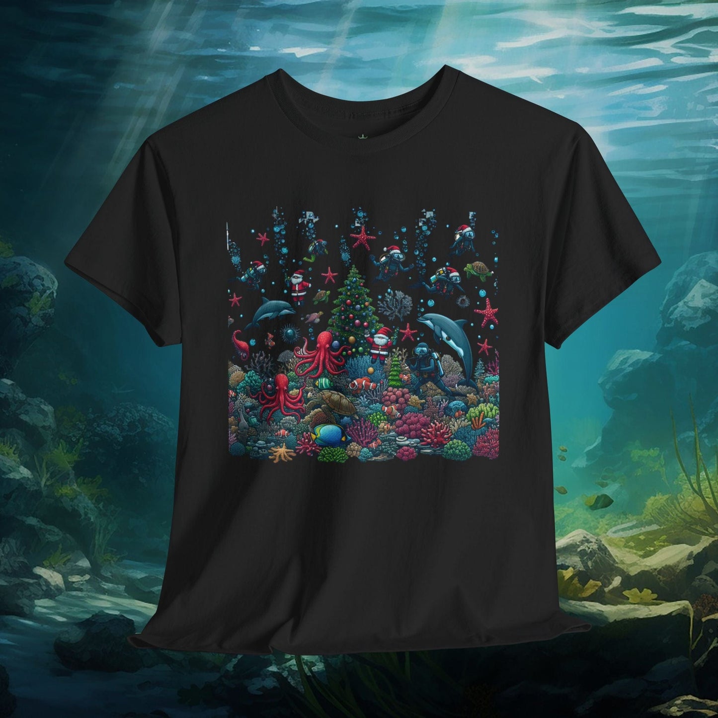 Printify T-Shirt Black / S Scuba Christmas T-Shirt, Holiday Diving Tee, Underwater Xmas Shirt, Ocean Lover Gift