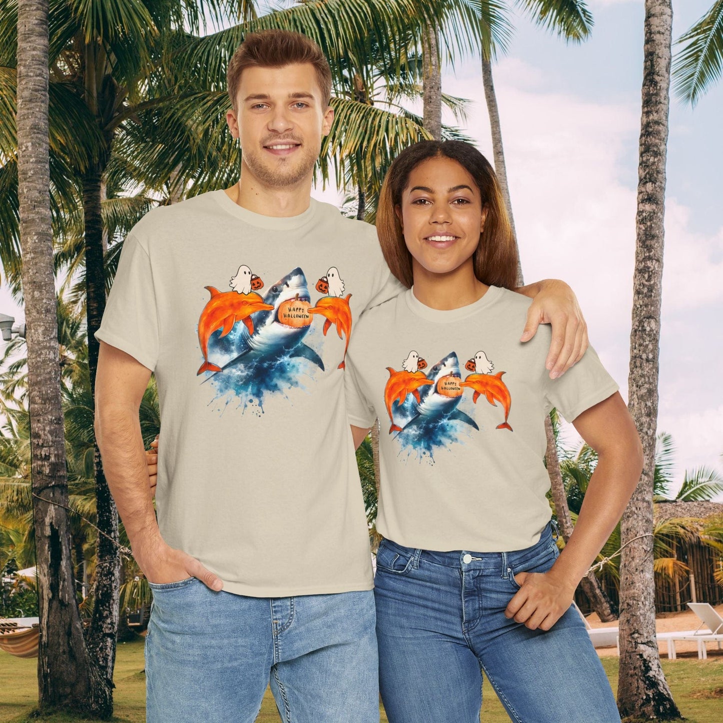 Printify T-Shirt Halloween Dolphin T-Shirt | Shark And Dolphin Spooky Graphics | Ocean Lover Gift Tee | Fin-tastic Holiday Tee