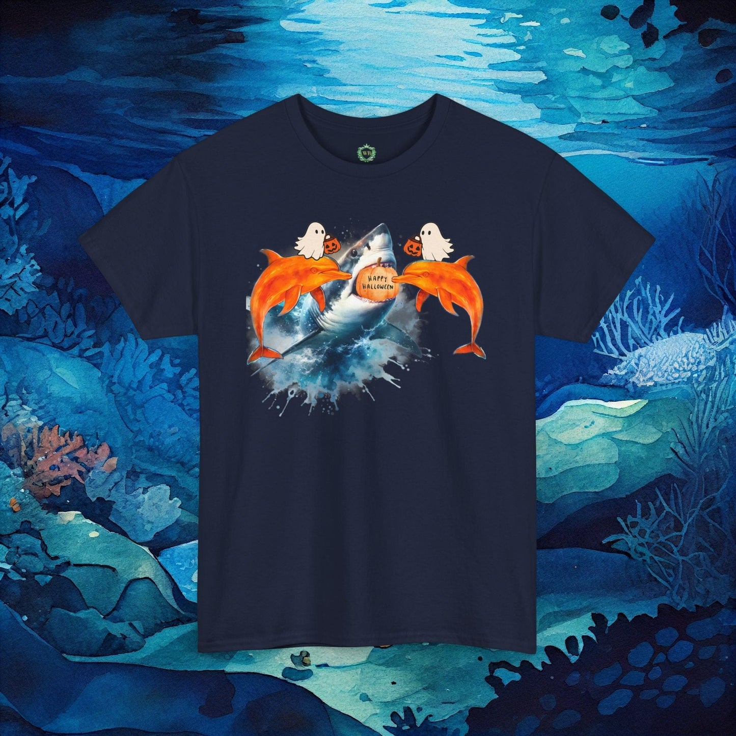 Printify T-Shirt Navy / S Halloween Dolphin T-Shirt | Shark And Dolphin Spooky Graphics | Ocean Lover Gift Tee | Fin-tastic Holiday Tee