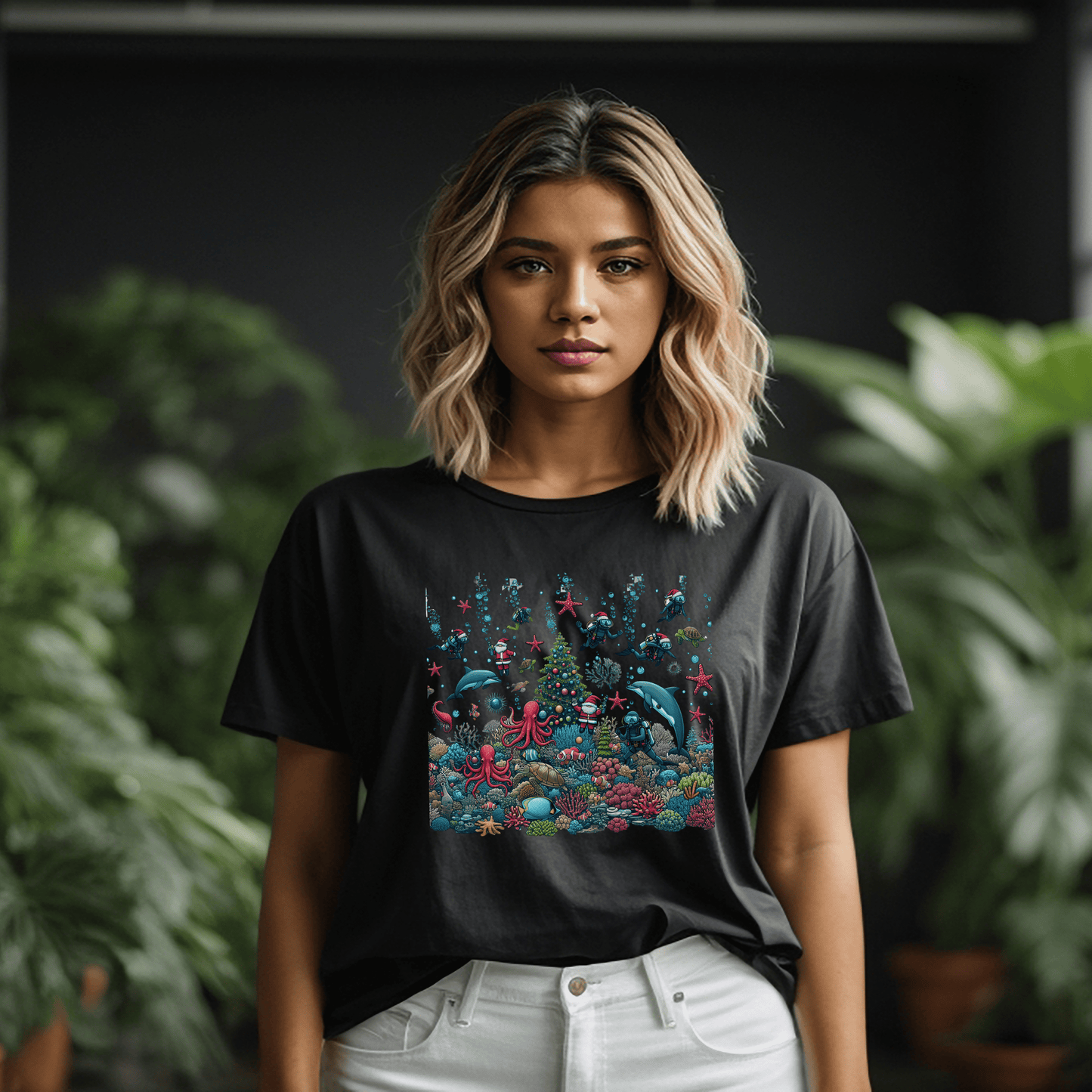 Printify T-Shirt Scuba Christmas T-Shirt, Holiday Diving Tee, Underwater Xmas Shirt, Ocean Lover Gift