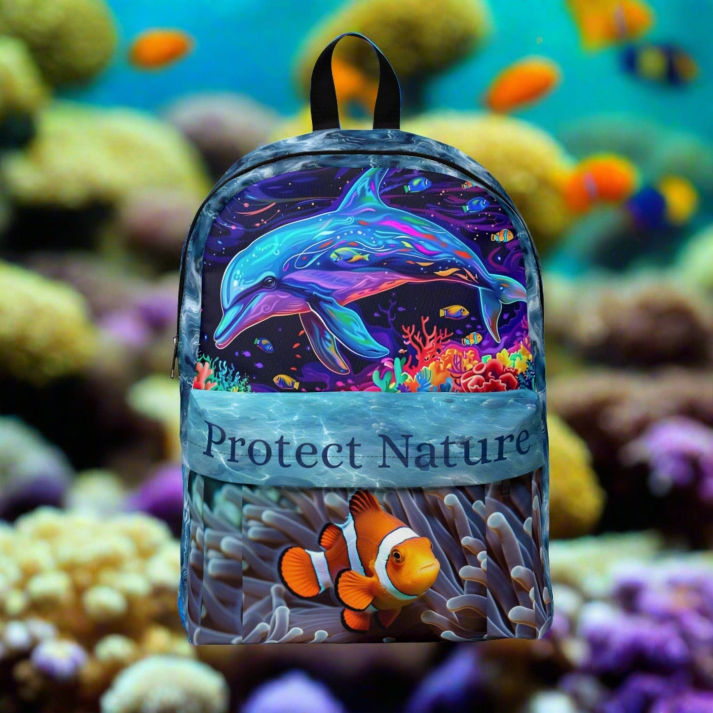 Printify Bags One size Protect Nature Backpack | Neon Dolphin & Clownfish Coral Reef | Eco-Friendly School Bag