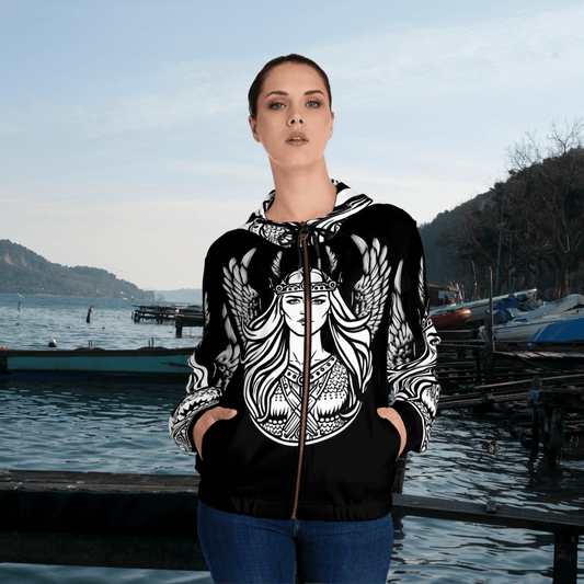 Printify Hooded Sweatshirt Vikings Valkyrie Womens Full Zip Hoodie, Norse Mythology Inspired Winter Gift for Her and Him, Stay Warm in Norse Style