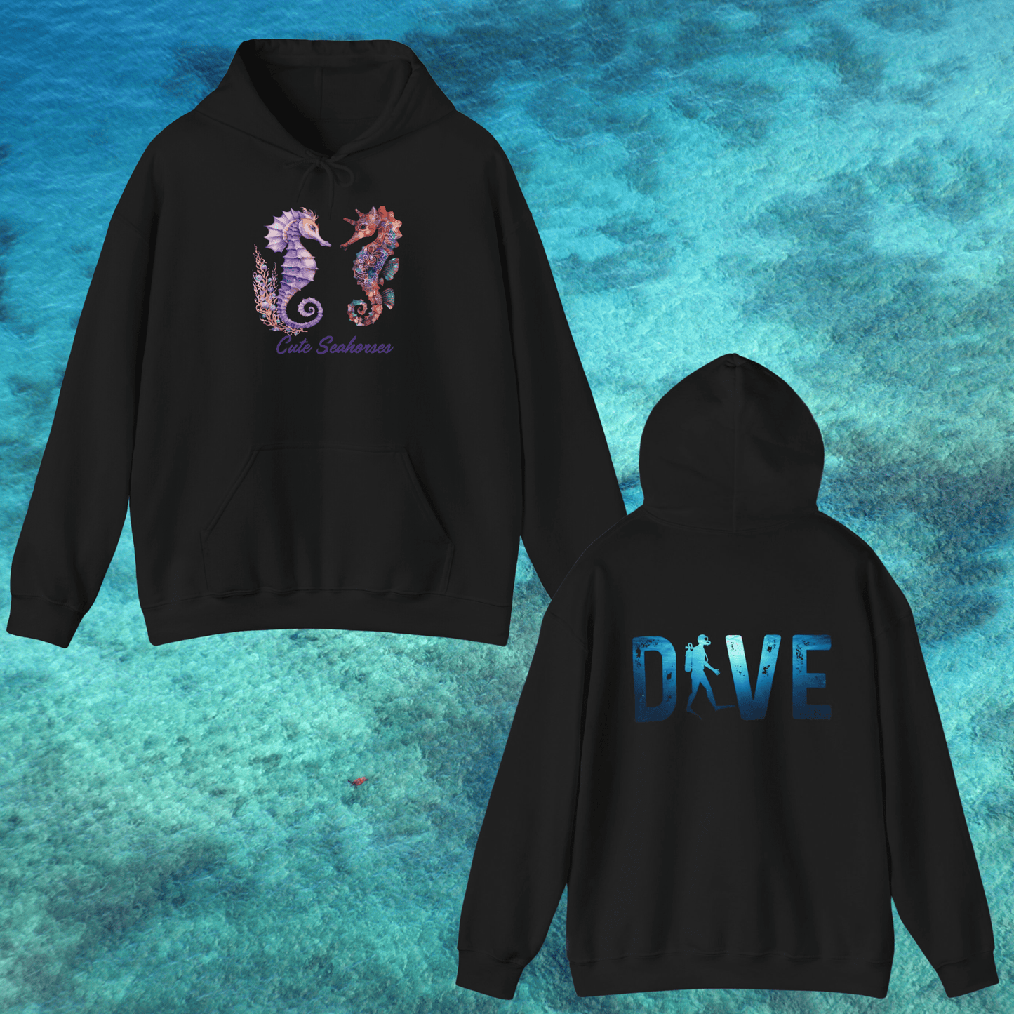 Printify Hoodie Black / S Dancing Seahorses Hooded Sweatshirt | DIVE Graphic Back | Ocean Lover Gift | Trendy Sea Life Design