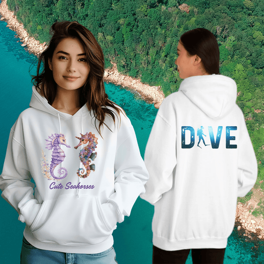 Printify Hoodie Dancing Seahorses Hooded Sweatshirt | DIVE Graphic Back | Ocean Lover Gift | Trendy Sea Life Design