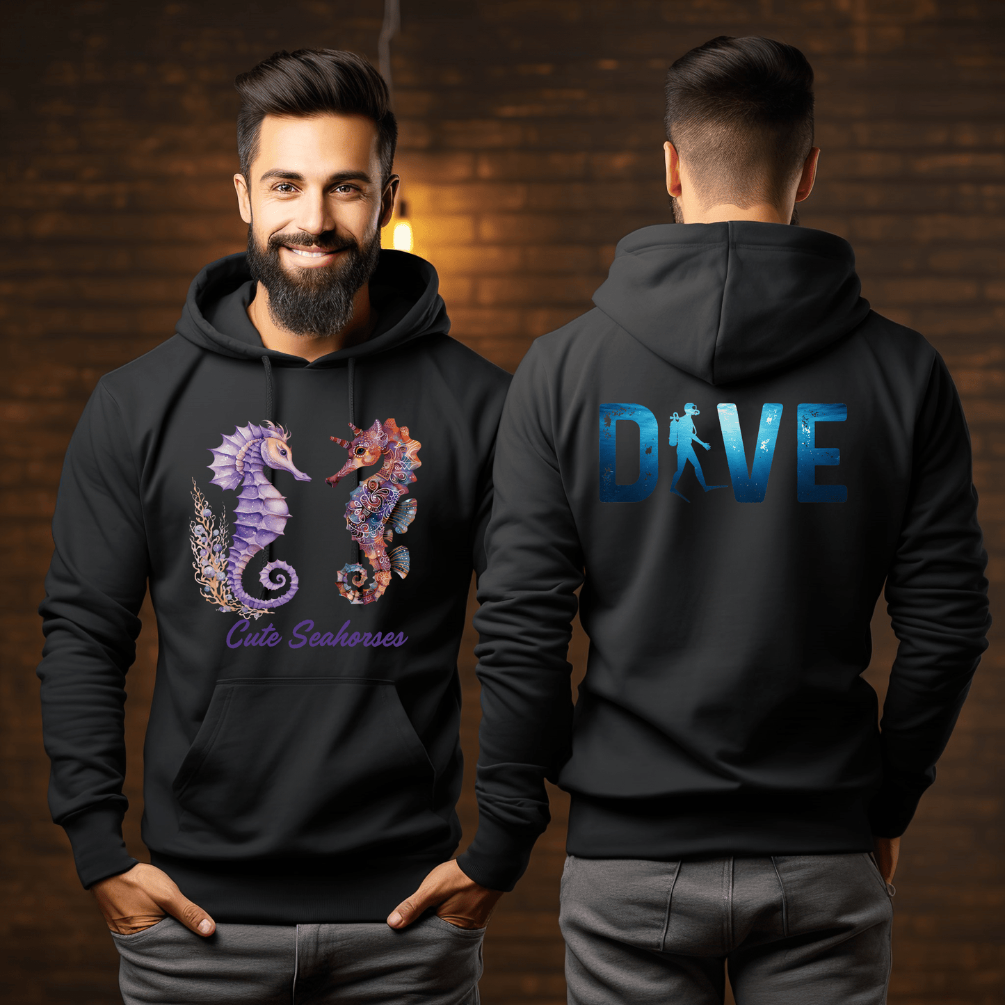 Printify Hoodie Dancing Seahorses Hooded Sweatshirt | DIVE Graphic Back | Ocean Lover Gift | Trendy Sea Life Design