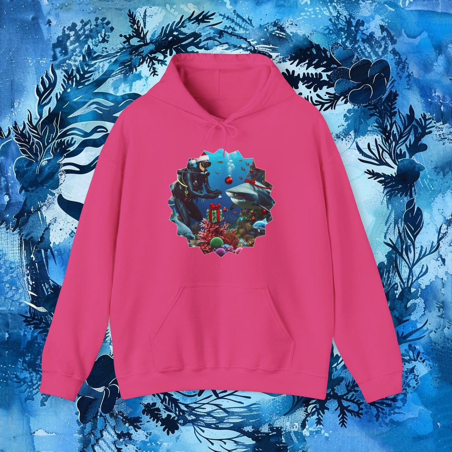 Printify Hoodie Heliconia / S Scuba Diving Christmas Hoodie, Underwater Holiday Sweatshirt, Ocean Xmas Jumper, Dive Themed Christmas Gift