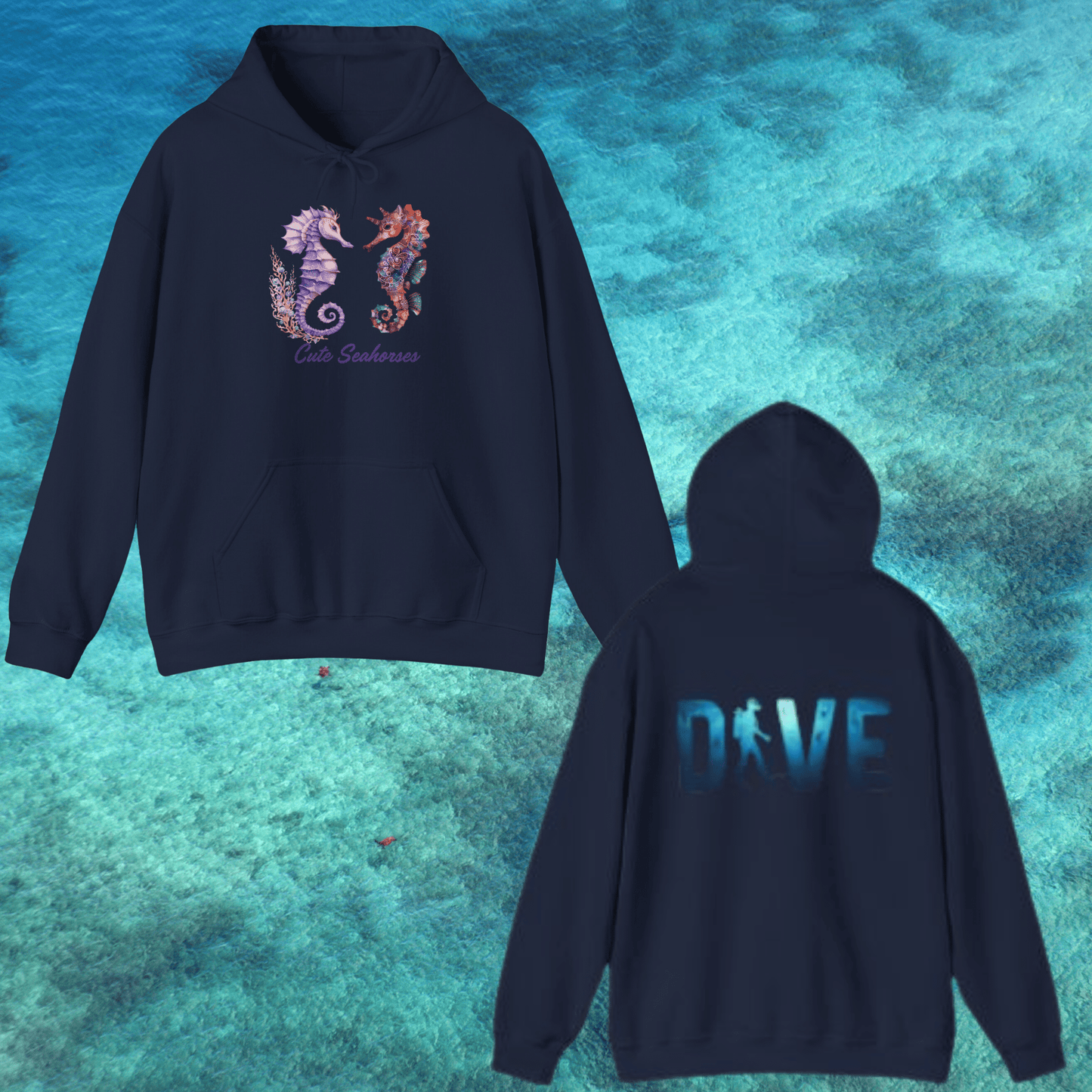 Printify Hoodie Navy / S Dancing Seahorses Hooded Sweatshirt | DIVE Graphic Back | Ocean Lover Gift | Trendy Sea Life Design