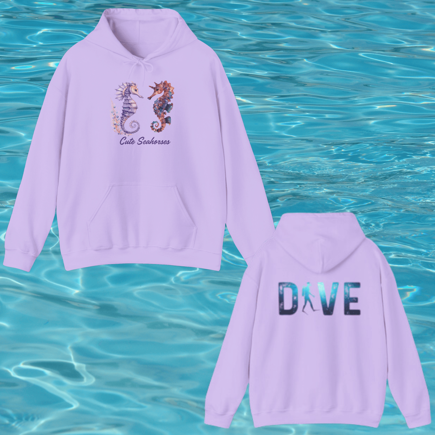 Printify Hoodie Orchid / S Dancing Seahorses Hooded Sweatshirt | DIVE Graphic Back | Ocean Lover Gift | Trendy Sea Life Design