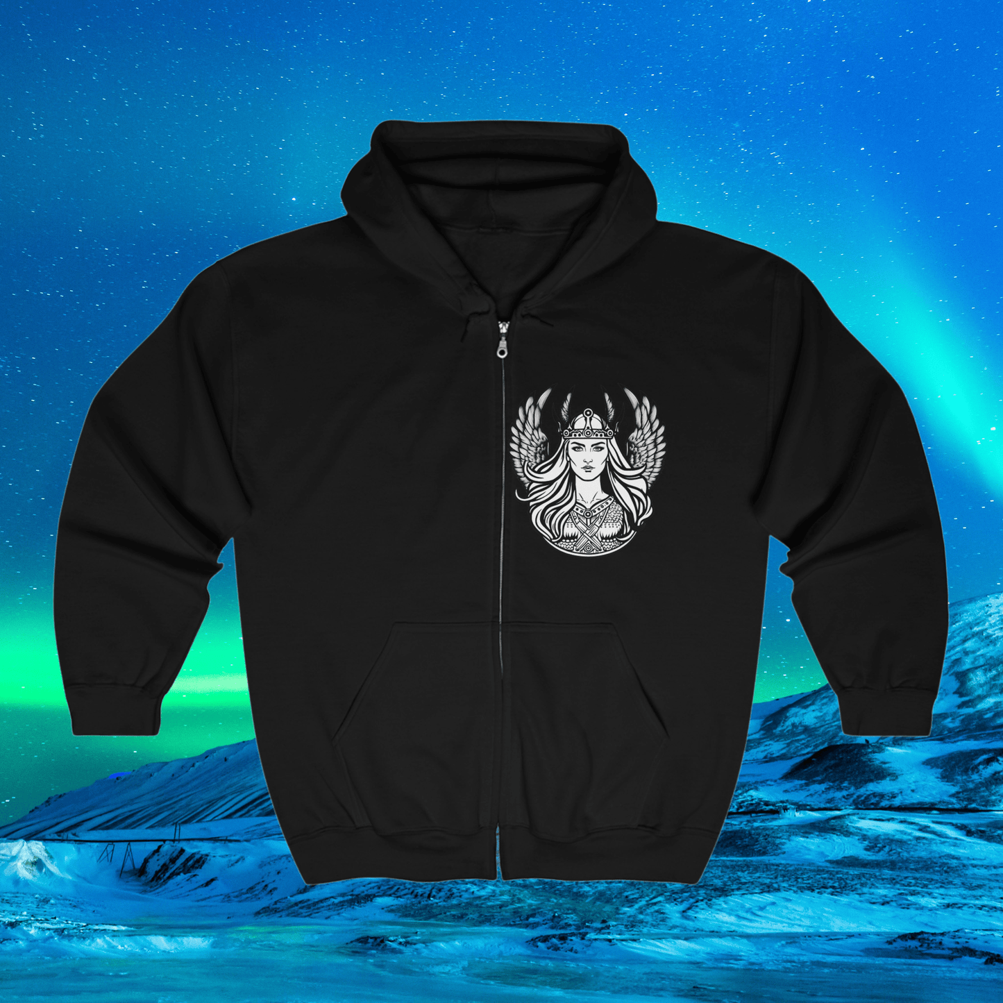 Printify Hoodie S / Black Valkyrie Hoodie, Norse Mythology Sweatshirt, Full Zip Hoodie, Viking Apparel