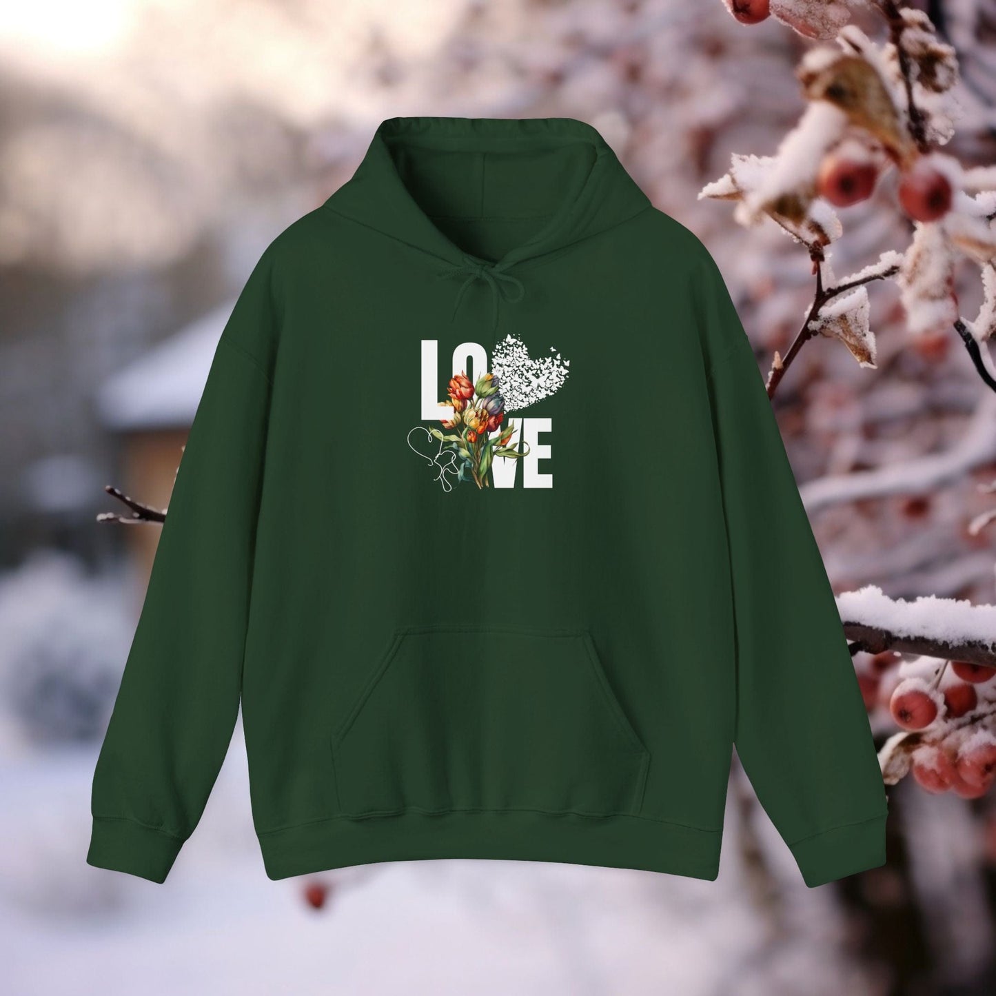 Printify Hoodie S / Forest Green Love Hoodie - Unisex Hooded Sweatshirt for Nature Lovers