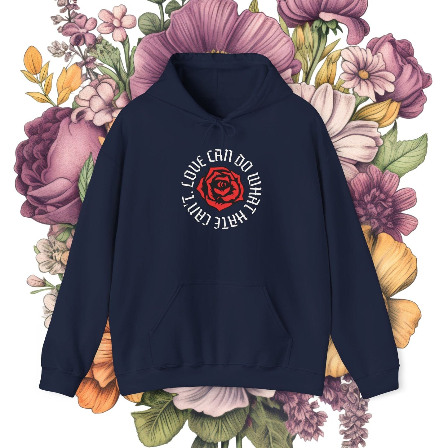 Printify Hoodie S / Navy Valentine Day Hooded Sweatshirt | Love can do what hate can't - Unisex Heavy Blend Hoodie