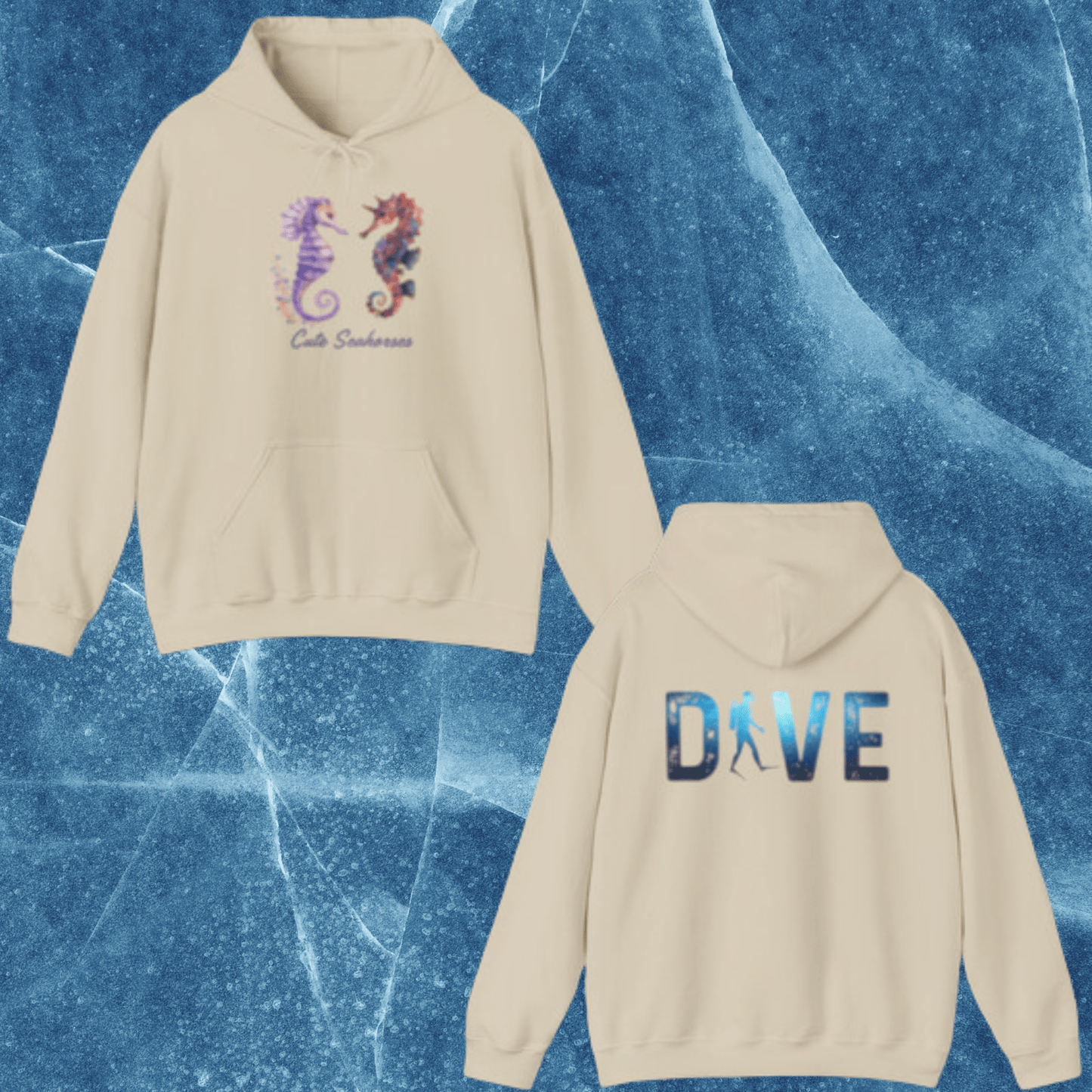 Printify Hoodie Sand / S Dancing Seahorses Hooded Sweatshirt | DIVE Graphic Back | Ocean Lover Gift | Trendy Sea Life Design