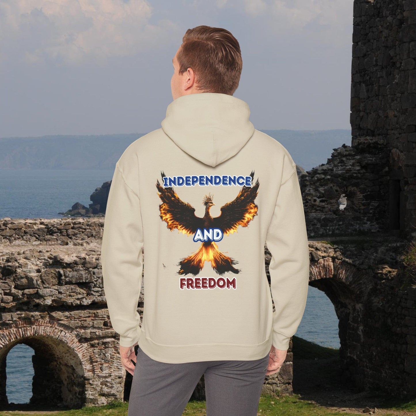 Printify Hoodie Sand / S Independence and Freedom Hoodie | Phoenix Graphic Backside | Perfect Patriotic Gift