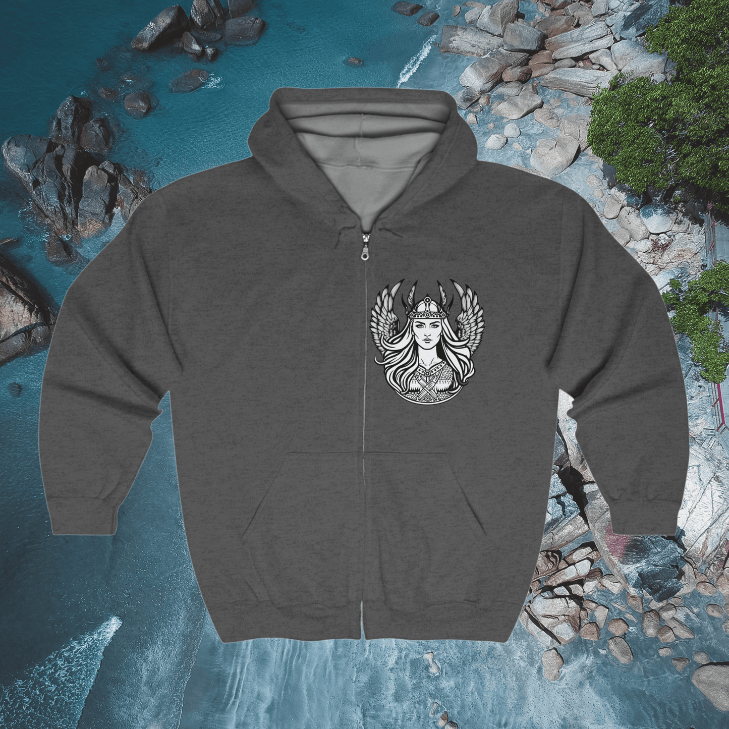 Printify Hoodie Valkyrie Hoodie, Norse Mythology Sweatshirt, Full Zip Hoodie, Viking Apparel