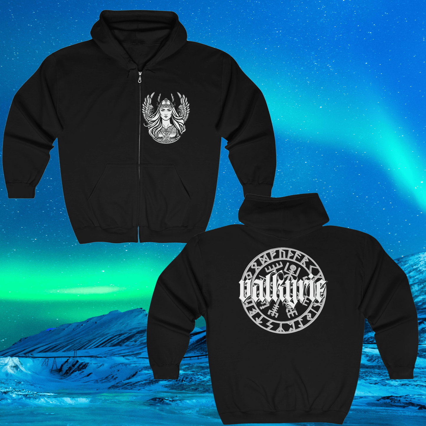 Printify Hoodie Valkyrie Hoodie, Norse Mythology Sweatshirt, Full Zip Hoodie, Viking Apparel