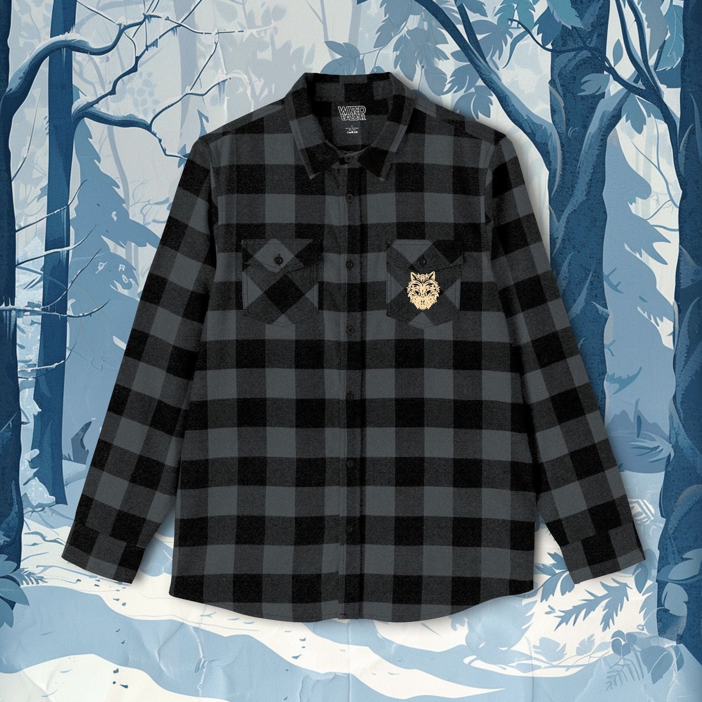 Printify Long-sleeve Charcoal Heather/ Black / XS Wild Wolf Flannel Shirt | Cozy Plaid Shirt with Backprint Wolf Design for Nature Lovers