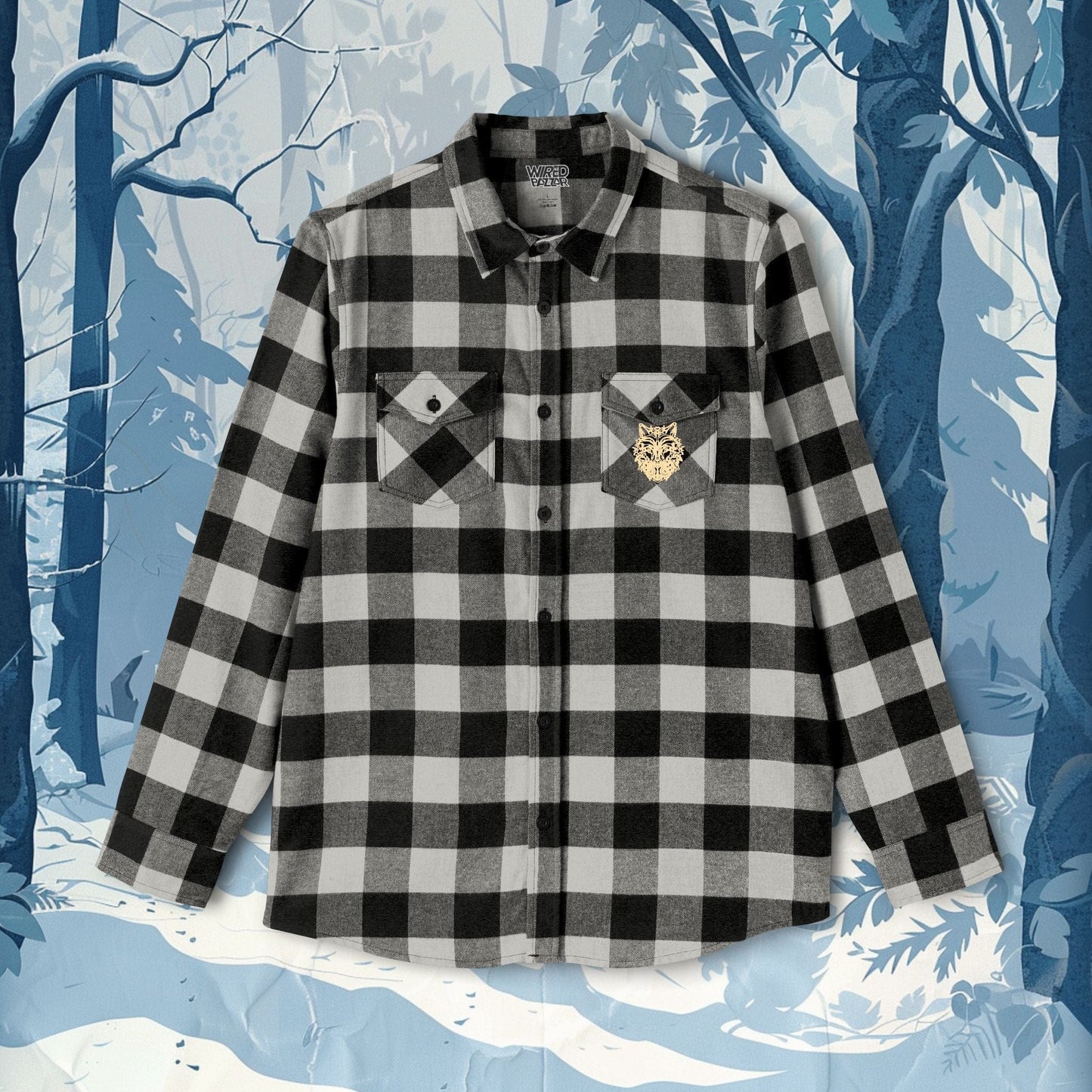 Printify Long-sleeve Grey Heather/ Black / XS Wild Wolf Flannel Shirt | Cozy Plaid Shirt with Backprint Wolf Design for Nature Lovers