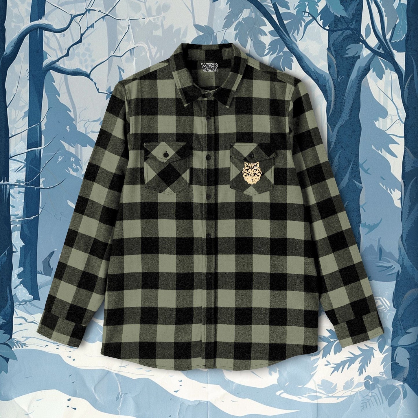 Printify Long-sleeve Olive / Black / XS Wild Wolf Flannel Shirt | Cozy Plaid Shirt with Backprint Wolf Design for Nature Lovers