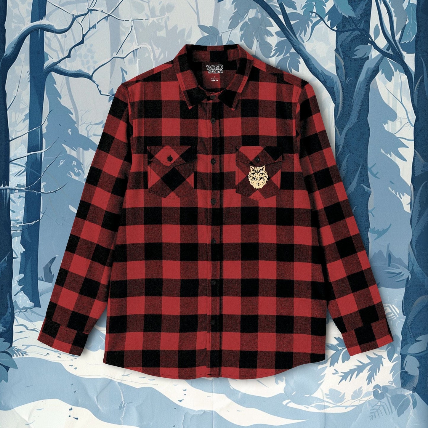 Printify Long-sleeve Red / Black / XS Wild Wolf Flannel Shirt | Cozy Plaid Shirt with Backprint Wolf Design for Nature Lovers