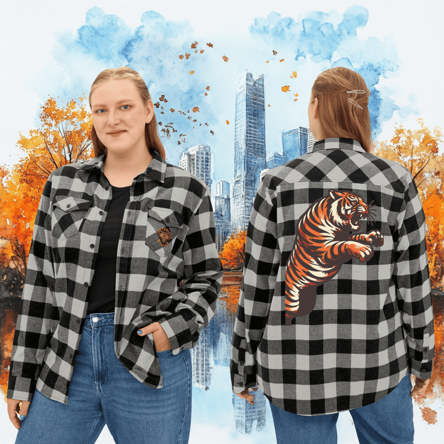 Printify Long-sleeve Tiger Flannel Shirt | Unisex Plaid Button Up - Animal Lover Gift