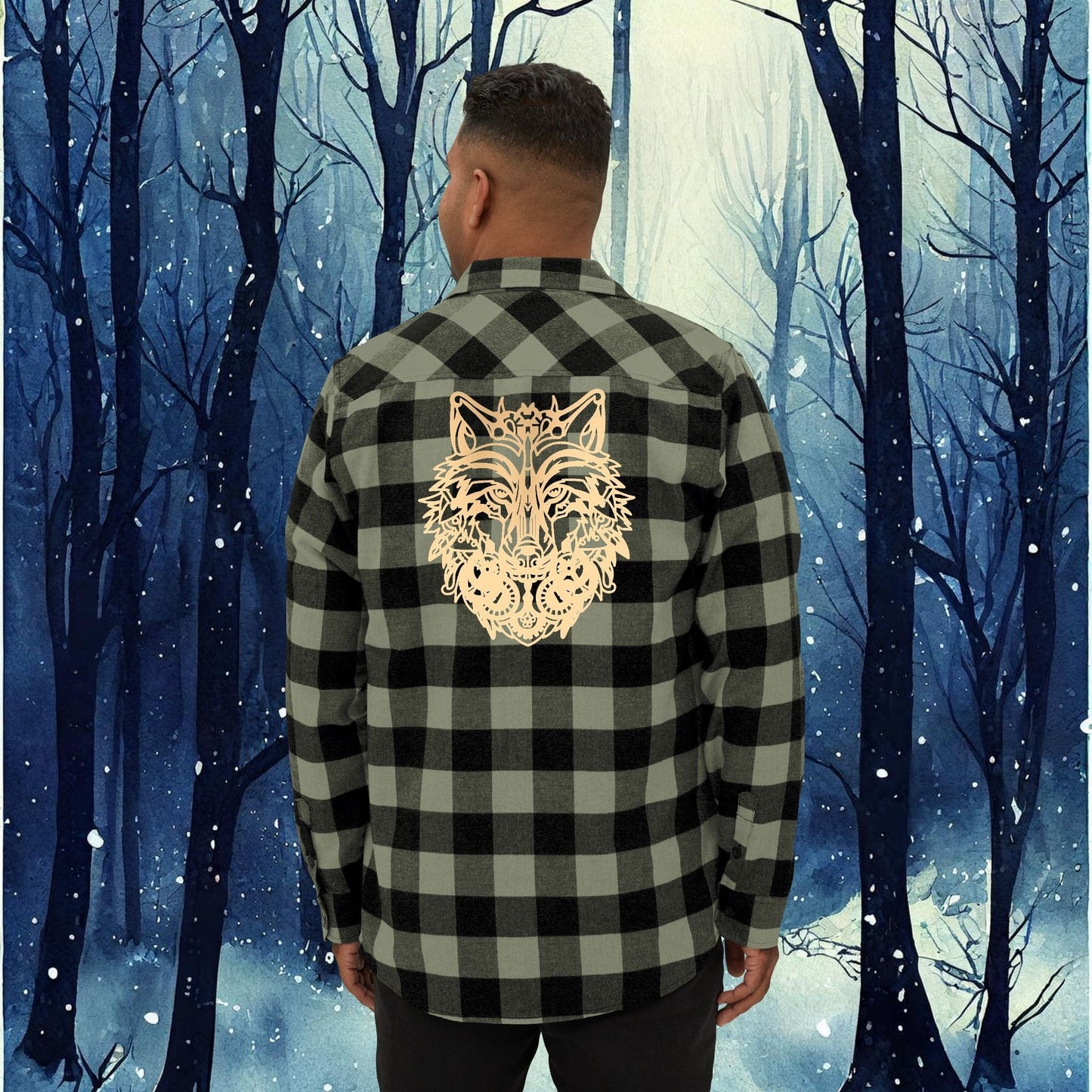 Printify Long-sleeve Wild Wolf Flannel Shirt | Cozy Plaid Shirt with Backprint Wolf Design for Nature Lovers