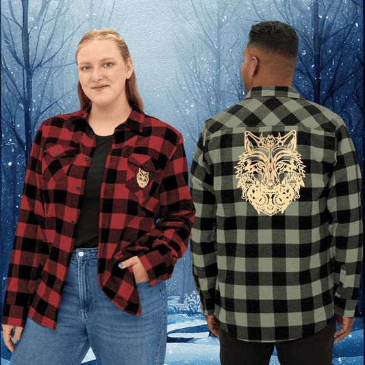 Printify Long-sleeve Wild Wolf Flannel Shirt | Cozy Plaid Shirt with Backprint Wolf Design for Nature Lovers