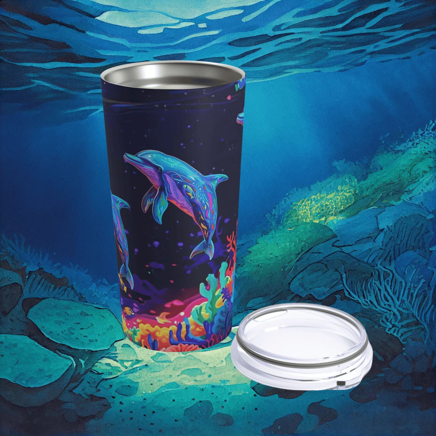 Printify Mug 20oz Ocean-Themed Dolphin Tumbler | Insulated Gift for Dolphin Lovers