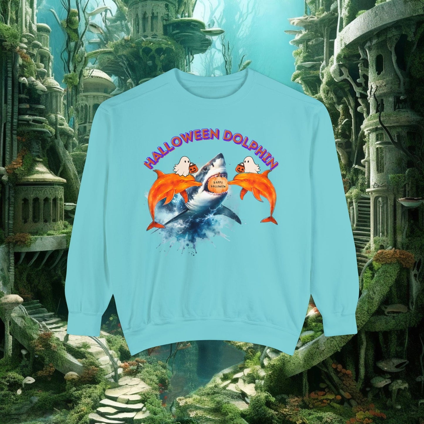 Printify Sweatshirt Chalky Mint / S Halloween Dolphin Sweatshirt | Shark & Dolphin Graphics | Spooky Ocean Lover Gift