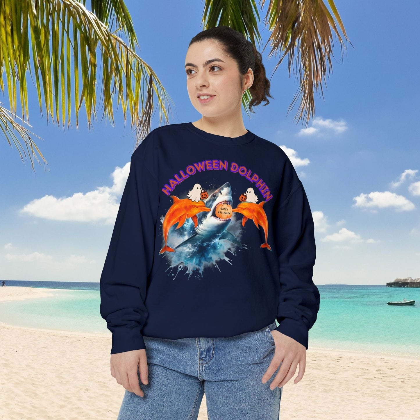 Printify Sweatshirt Halloween Dolphin Sweatshirt | Shark & Dolphin Graphics | Spooky Ocean Lover Gift