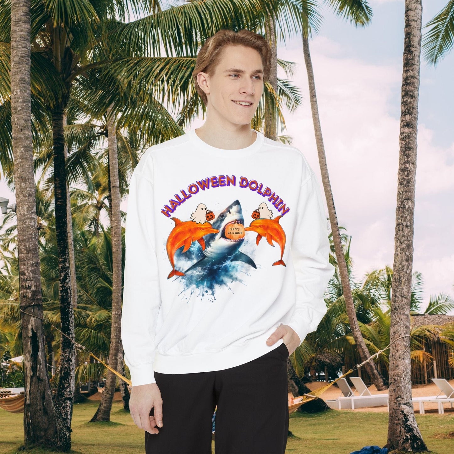 Printify Sweatshirt Halloween Dolphin Sweatshirt | Shark & Dolphin Graphics | Spooky Ocean Lover Gift