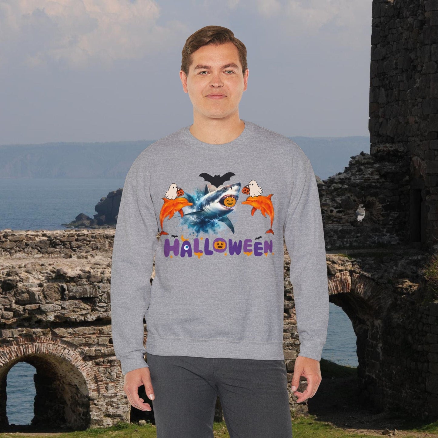 Printify Sweatshirt Halloween Sweatshirt | Shark and Dolphin Graphics | Spooky Gift for Ocean Lovers