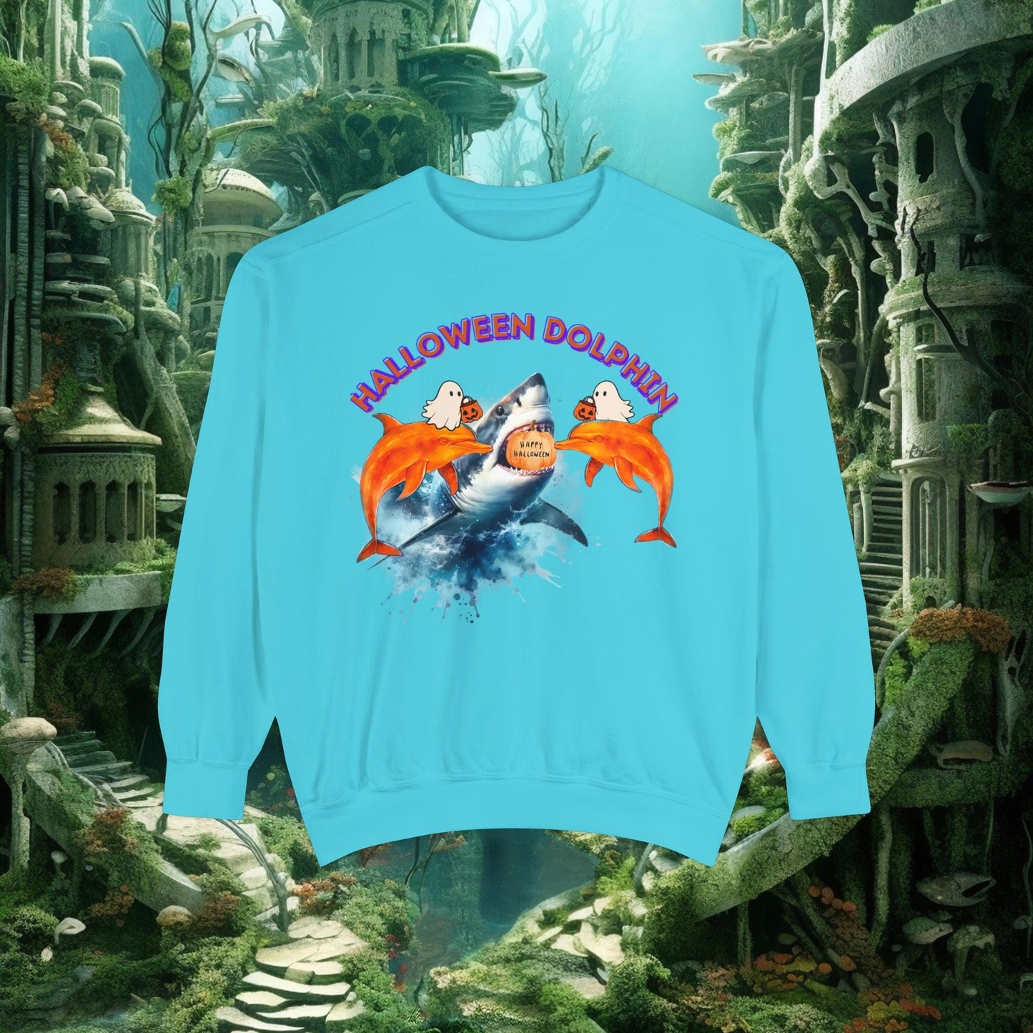 Printify Sweatshirt Lagoon Blue / S Halloween Dolphin Sweatshirt | Shark & Dolphin Graphics | Spooky Ocean Lover Gift