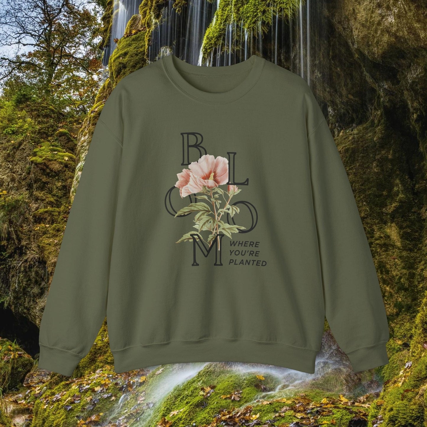 Printify Sweatshirt Military Green / S Vintage Flower Inspirational Unisex Sweatshirt | Bloom where you planted Crewneck Jumper