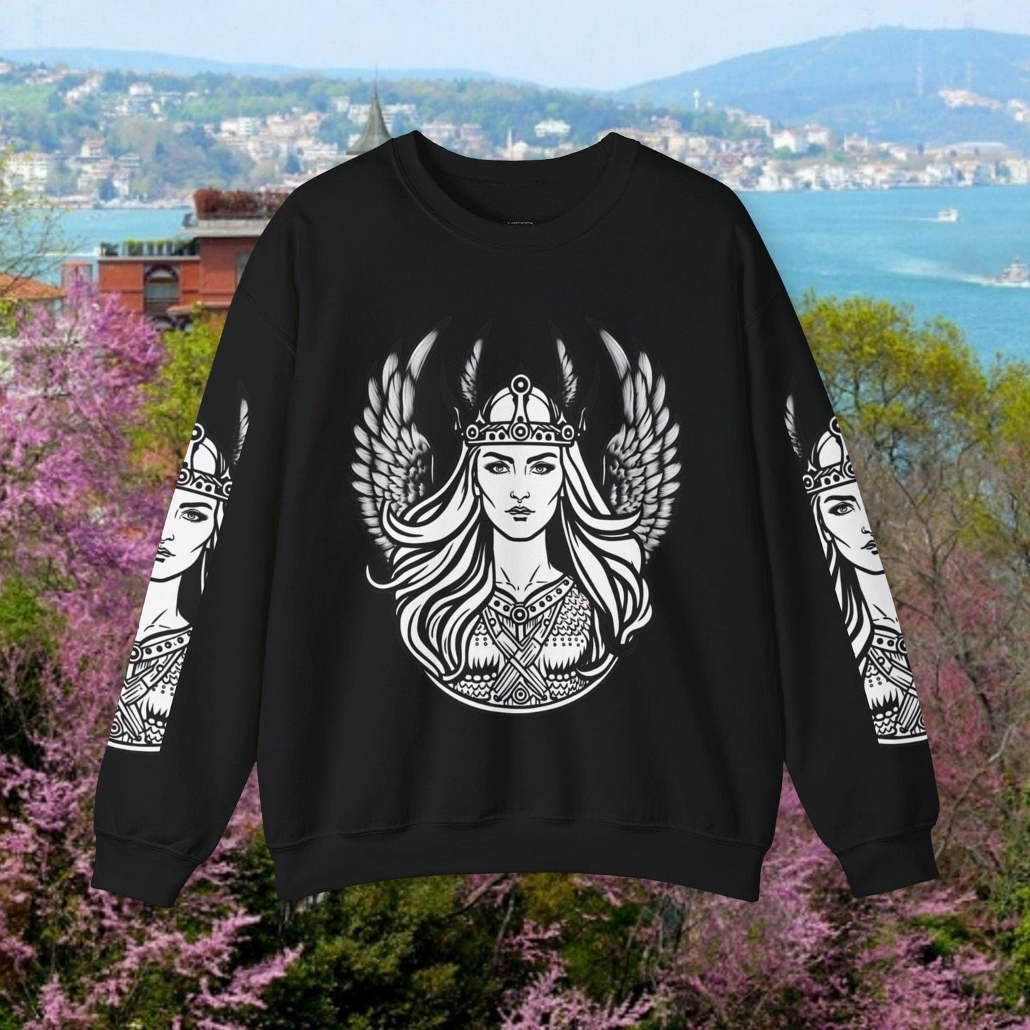 Printify Sweatshirt S / Black Stylish Valkyrie Sweatshirt | A Norse Mythology Inspired Winter Gift | Norse Mythology Gift | Stylish Vikings Valkyrie Sweatshirt