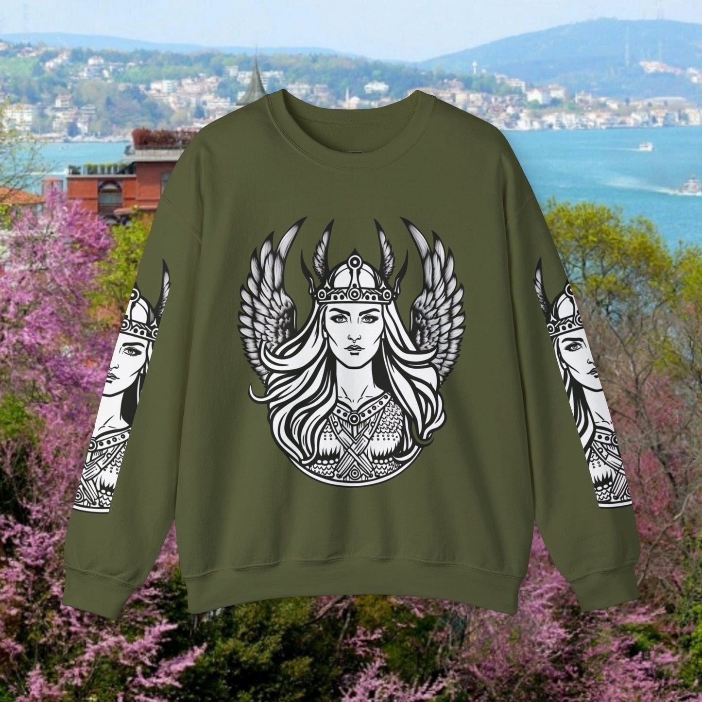 Printify Sweatshirt S / Military Green Stylish Valkyrie Sweatshirt | A Norse Mythology Inspired Winter Gift | Norse Mythology Gift | Stylish Vikings Valkyrie Sweatshirt