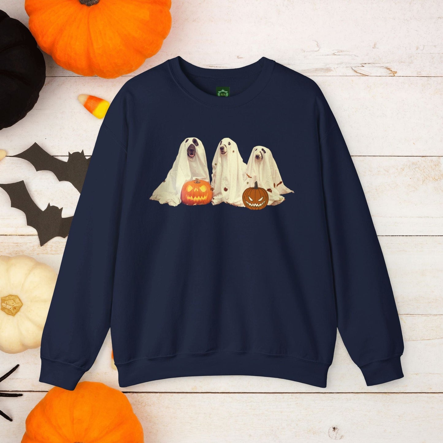 Printify Sweatshirt S / Navy Spooky Ghost Dogs Sweatshirt | Cute Ghost Dog Graphics | Halloween Gift for Pet Lovers