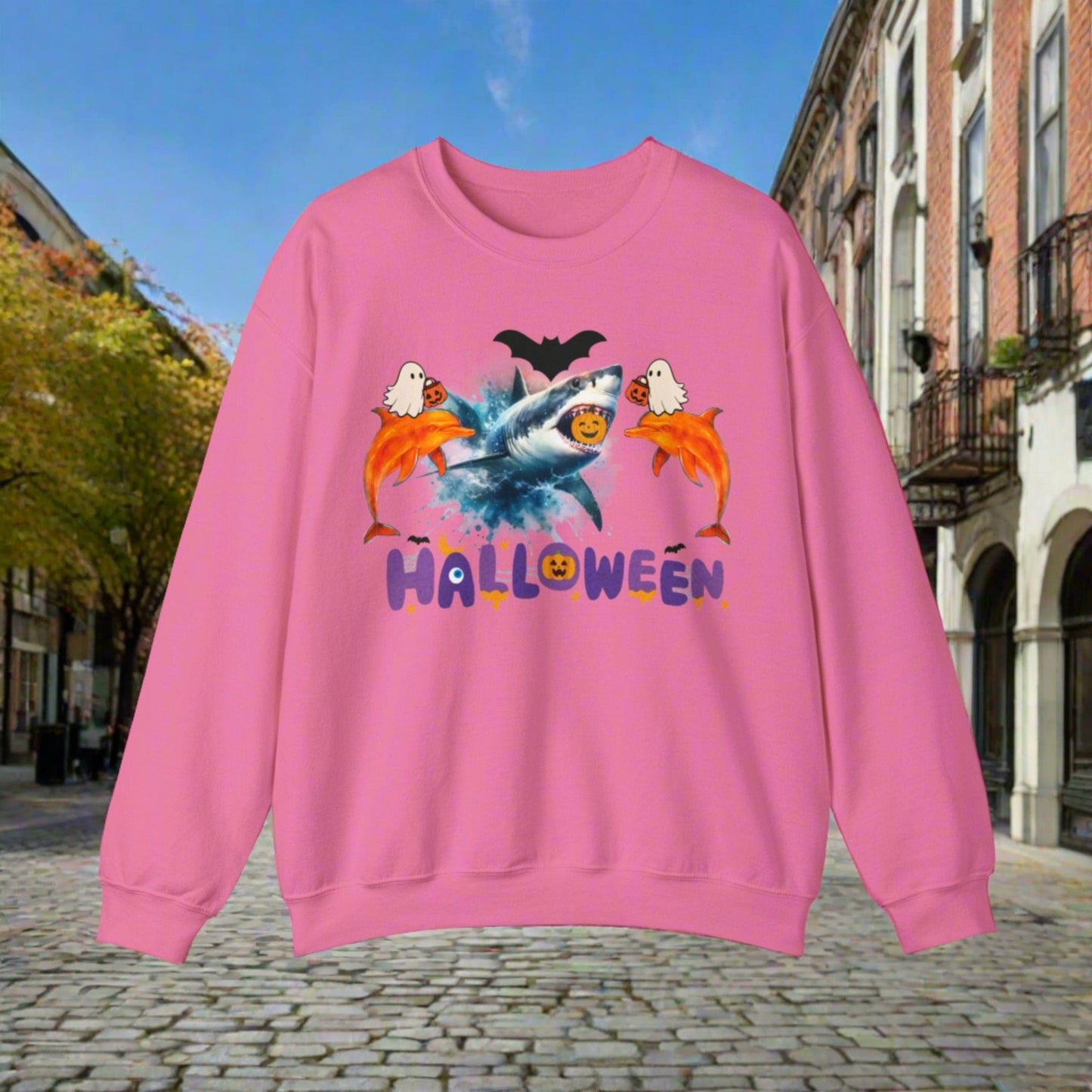 Printify Sweatshirt S / Safety Pink Halloween Sweatshirt | Shark and Dolphin Graphics | Spooky Gift for Ocean Lovers