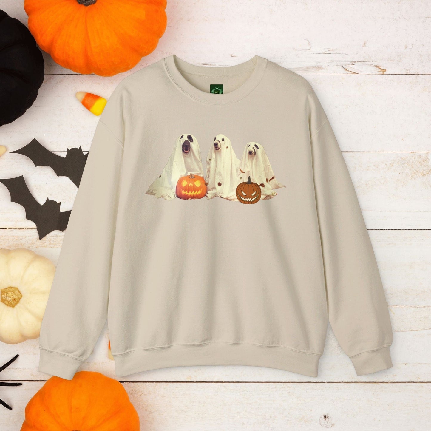 Printify Sweatshirt S / Sand Spooky Ghost Dogs Sweatshirt | Cute Ghost Dog Graphics | Halloween Gift for Pet Lovers