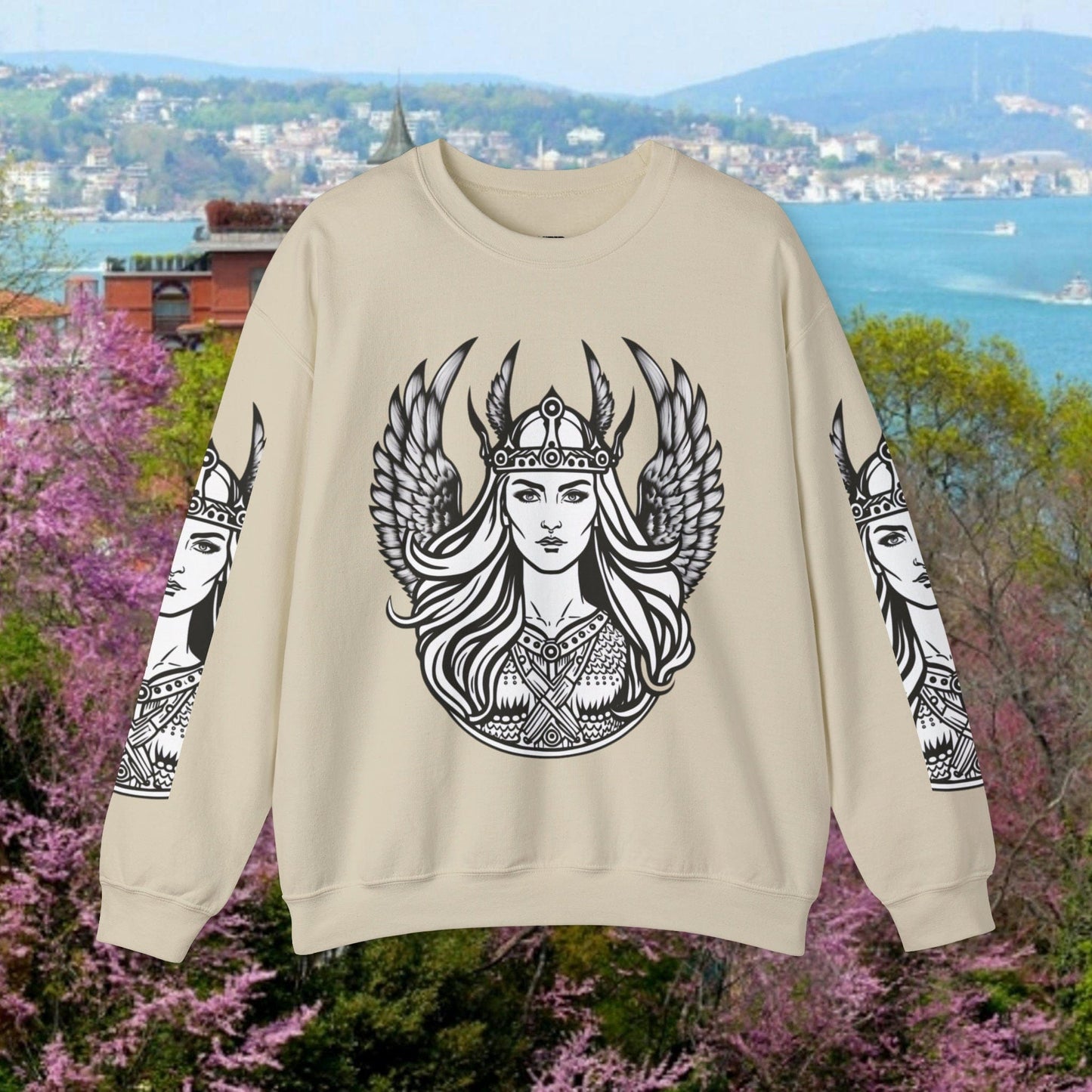 Printify Sweatshirt S / Sand Stylish Valkyrie Sweatshirt | A Norse Mythology Inspired Winter Gift | Norse Mythology Gift | Stylish Vikings Valkyrie Sweatshirt