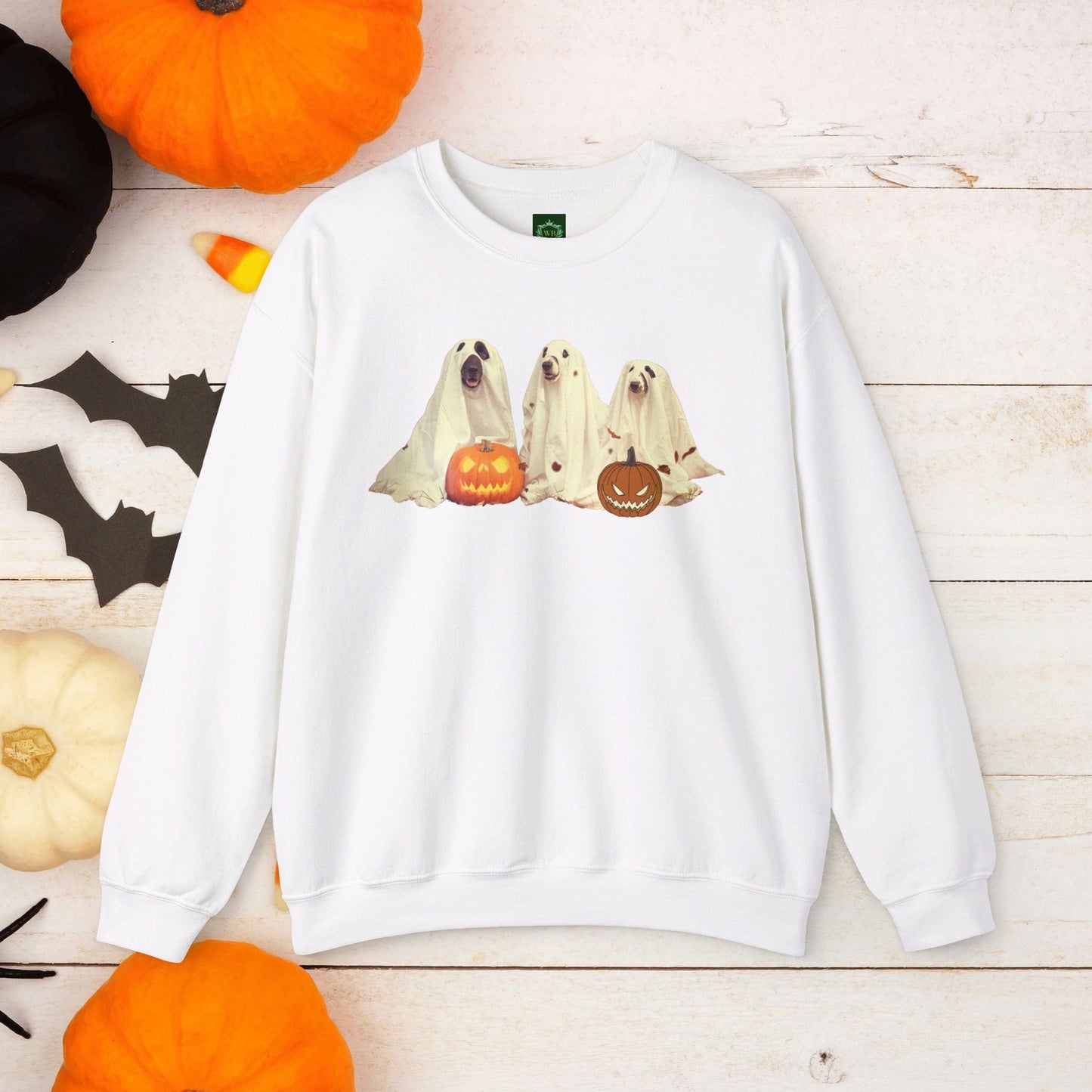 Printify Sweatshirt S / White Spooky Ghost Dogs Sweatshirt | Cute Ghost Dog Graphics | Halloween Gift for Pet Lovers