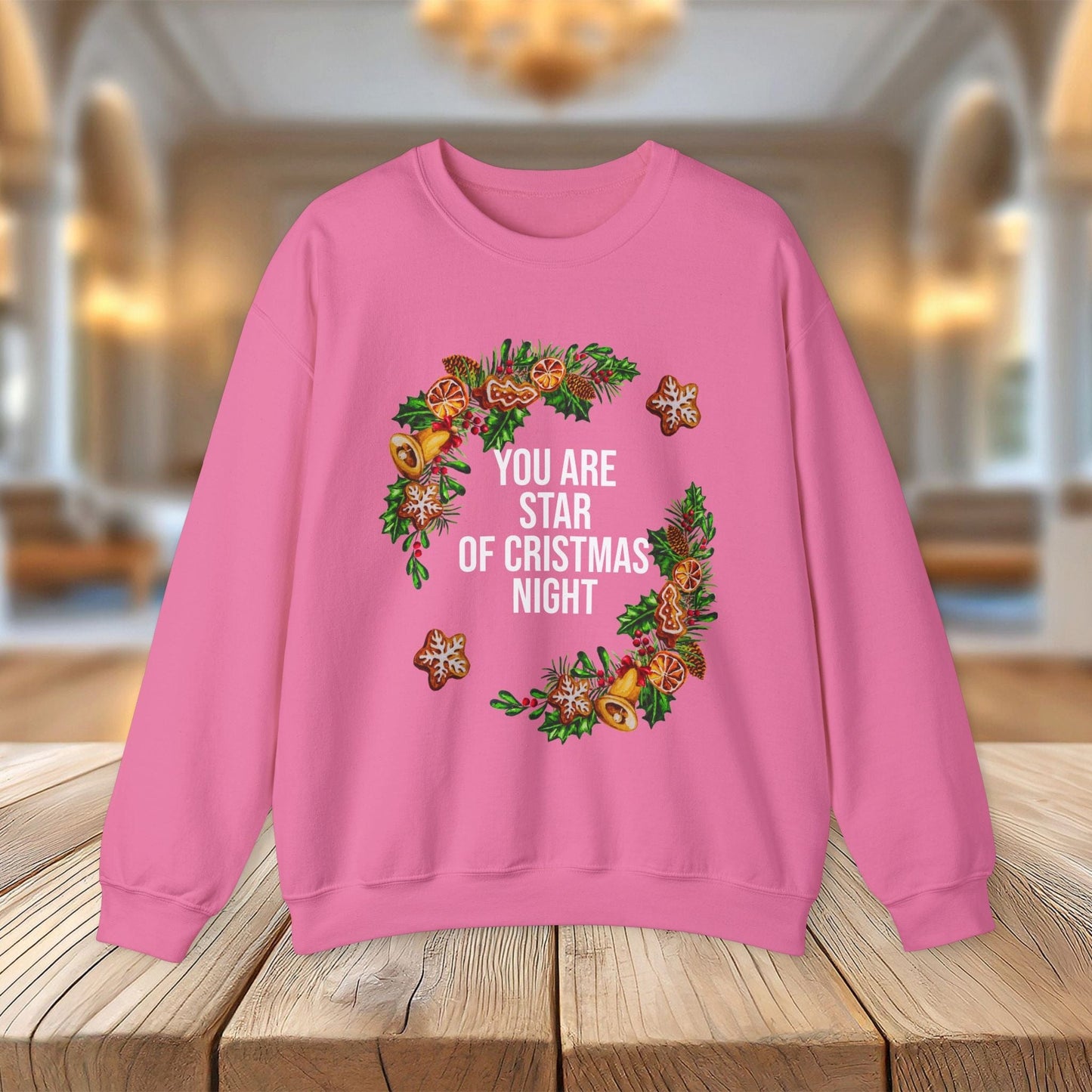 Printify Sweatshirt Safety Pink / S Christmas Crewneck Sweatshirt | You Are the Star of Christmas Night