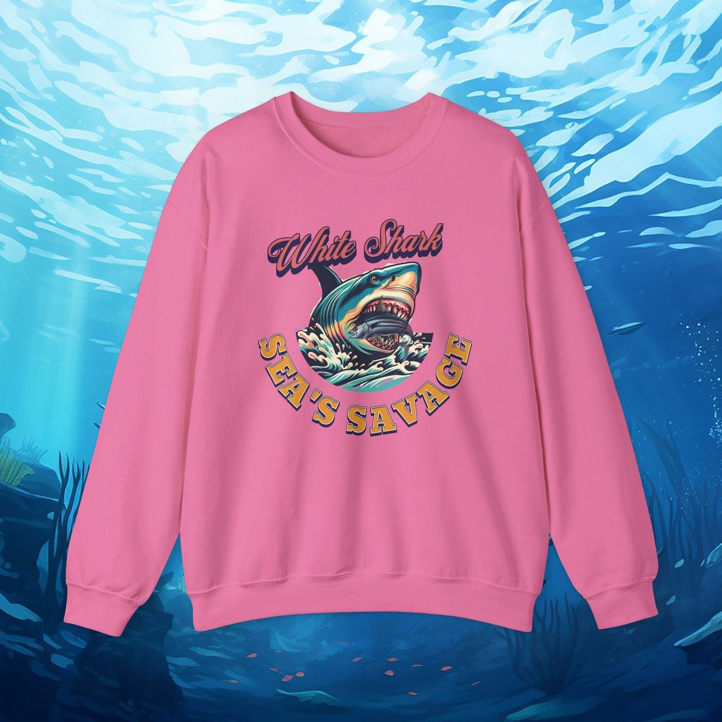 Printify Sweatshirt Safety Pink / S White Shark Savage Sweatshirt | Sea's Savage Graphic | Shark Eating Fish | Ocean Gift Idea