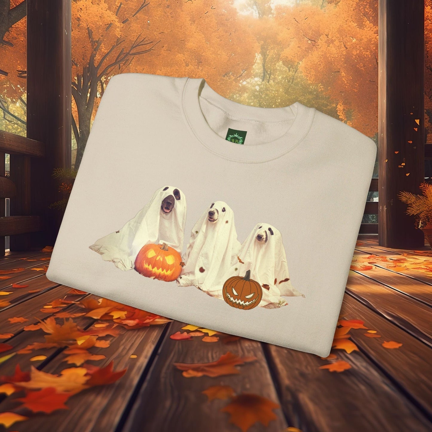 Printify Sweatshirt Spooky Ghost Dogs Sweatshirt | Cute Ghost Dog Graphics | Halloween Gift for Pet Lovers