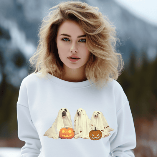 Printify Sweatshirt Spooky Ghost Dogs Sweatshirt | Cute Ghost Dog Graphics | Halloween Gift for Pet Lovers