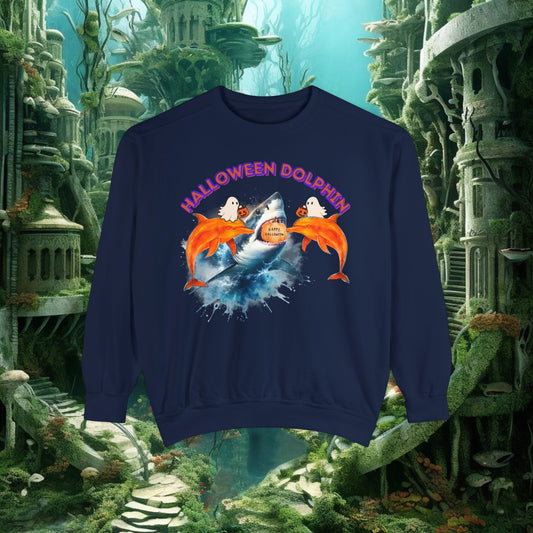 Printify Sweatshirt True Navy / S Halloween Dolphin Sweatshirt | Shark & Dolphin Graphics | Spooky Ocean Lover Gift