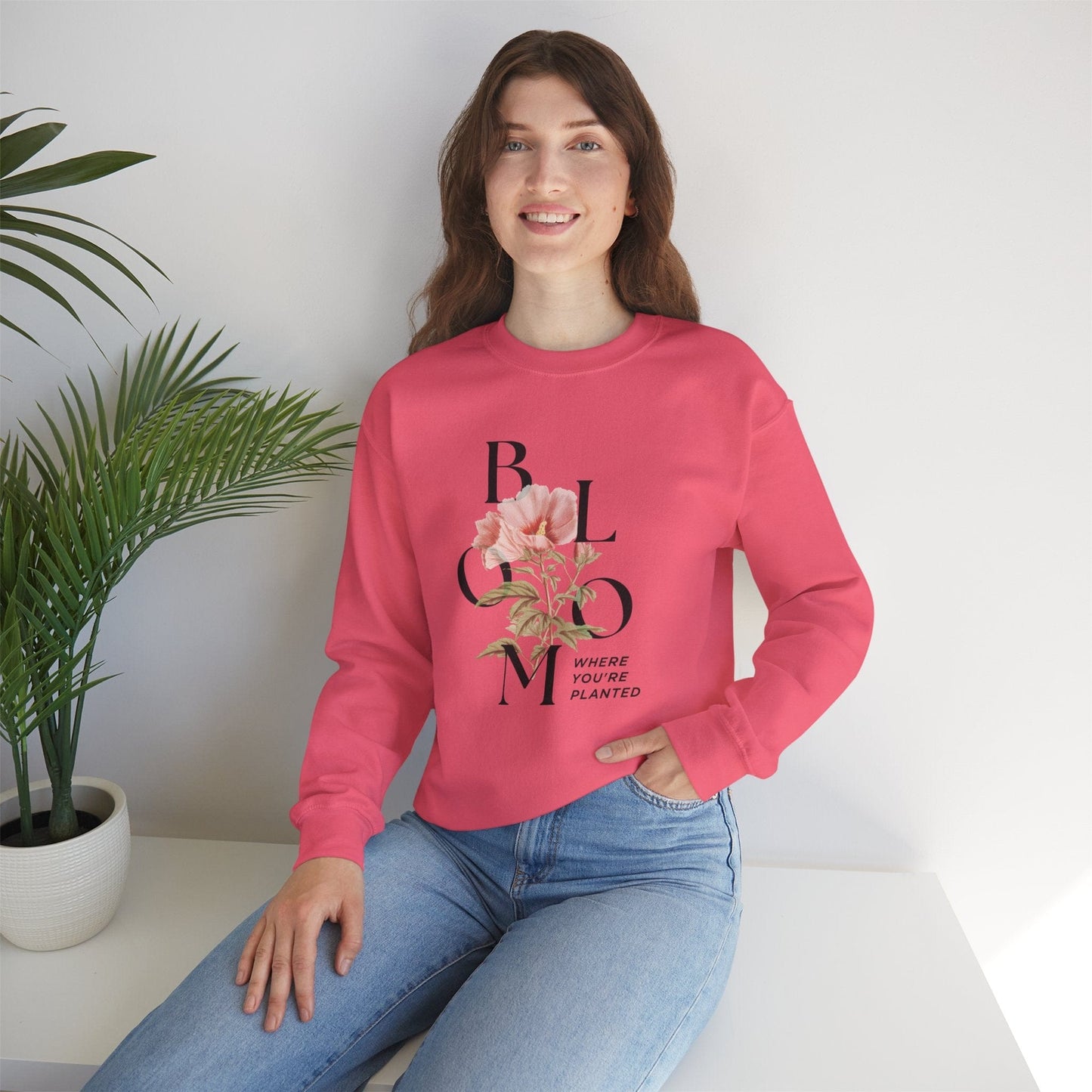 Printify Sweatshirt Vintage Flower Inspirational Unisex Sweatshirt | Bloom where you planted Crewneck Jumper