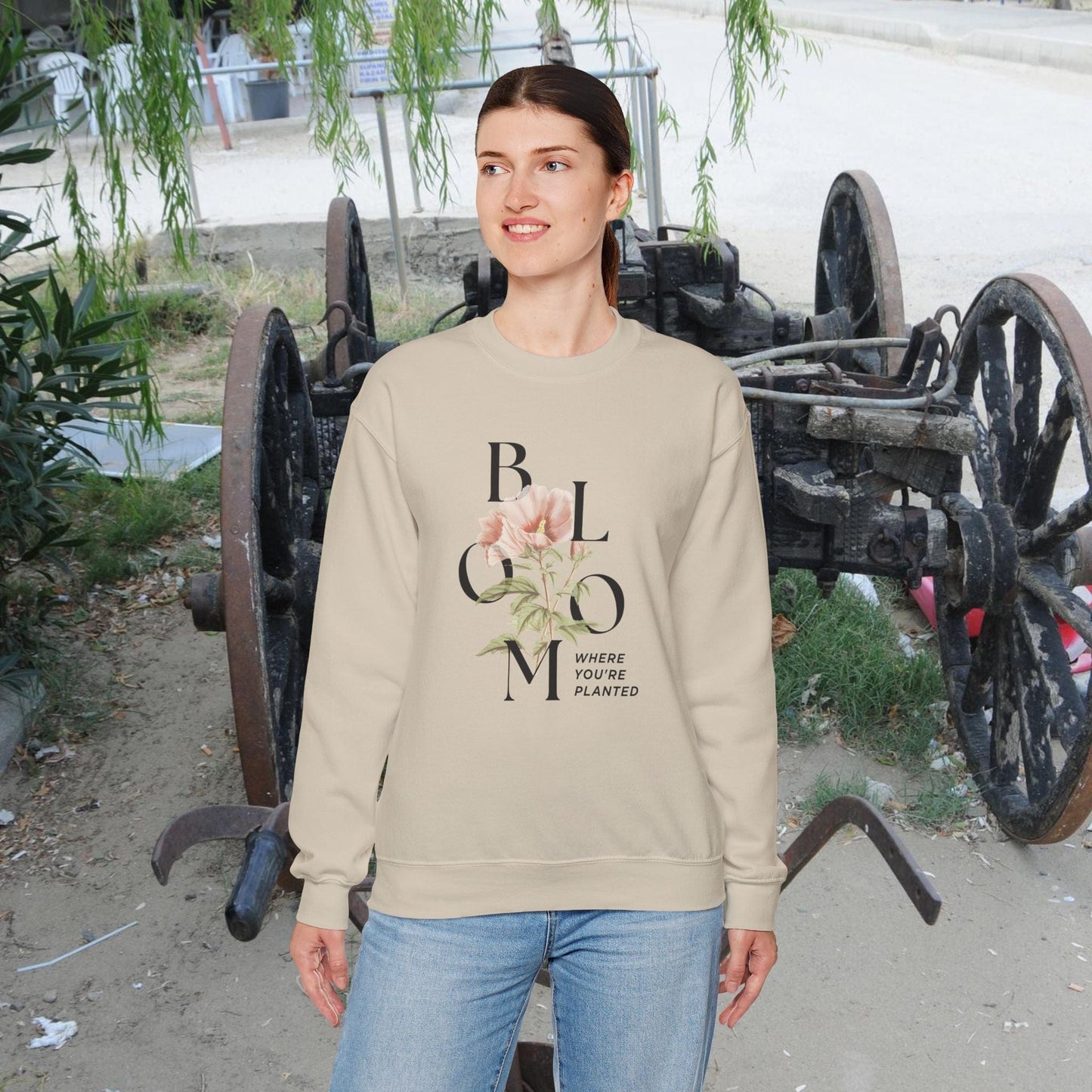 Printify Sweatshirt Vintage Flower Inspirational Unisex Sweatshirt | Bloom where you planted Crewneck Jumper