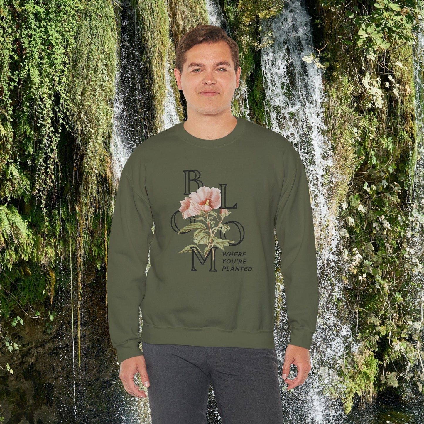 Printify Sweatshirt Vintage Flower Inspirational Unisex Sweatshirt | Bloom where you planted Crewneck Jumper