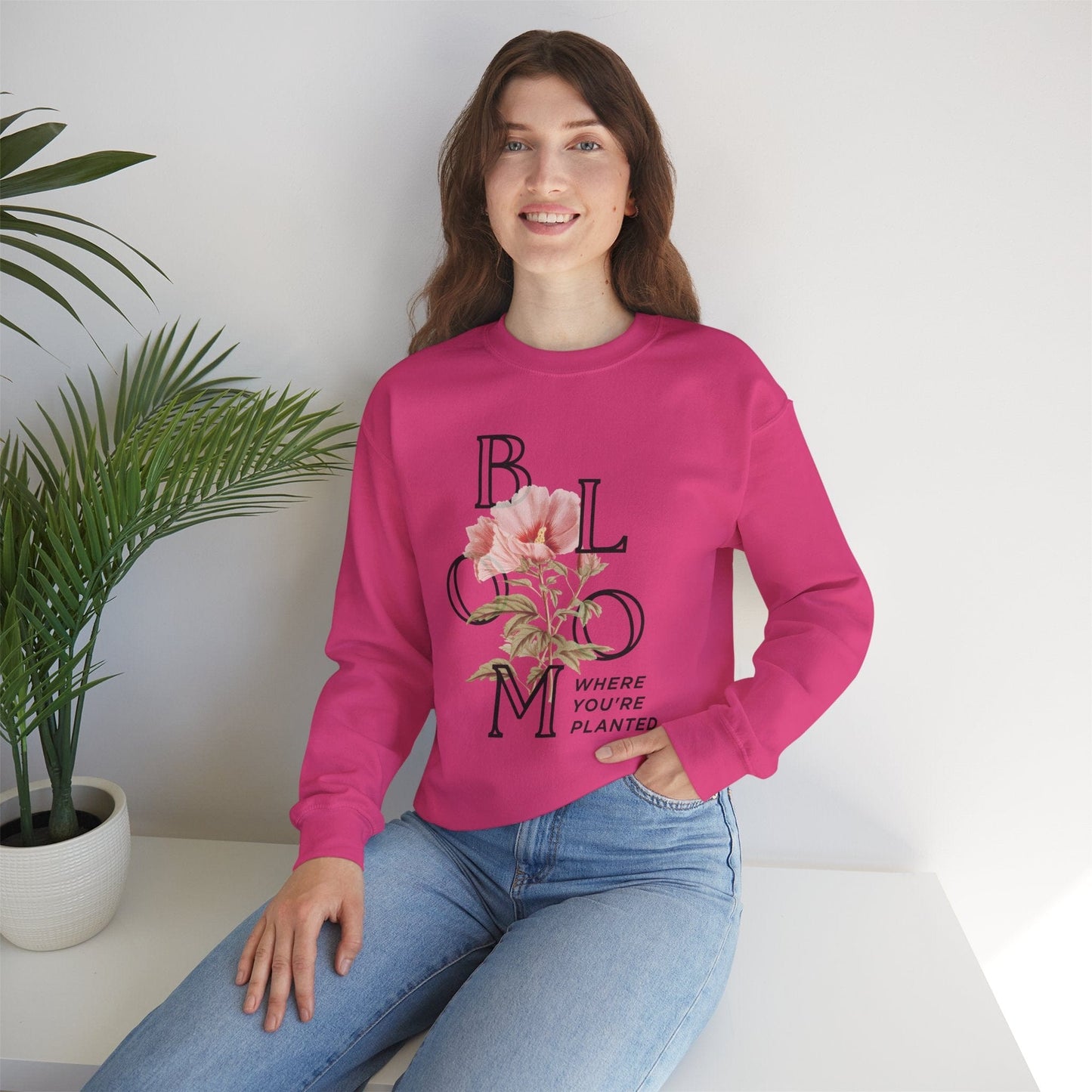 Printify Sweatshirt Vintage Flower Inspirational Unisex Sweatshirt | Bloom where you planted Crewneck Jumper