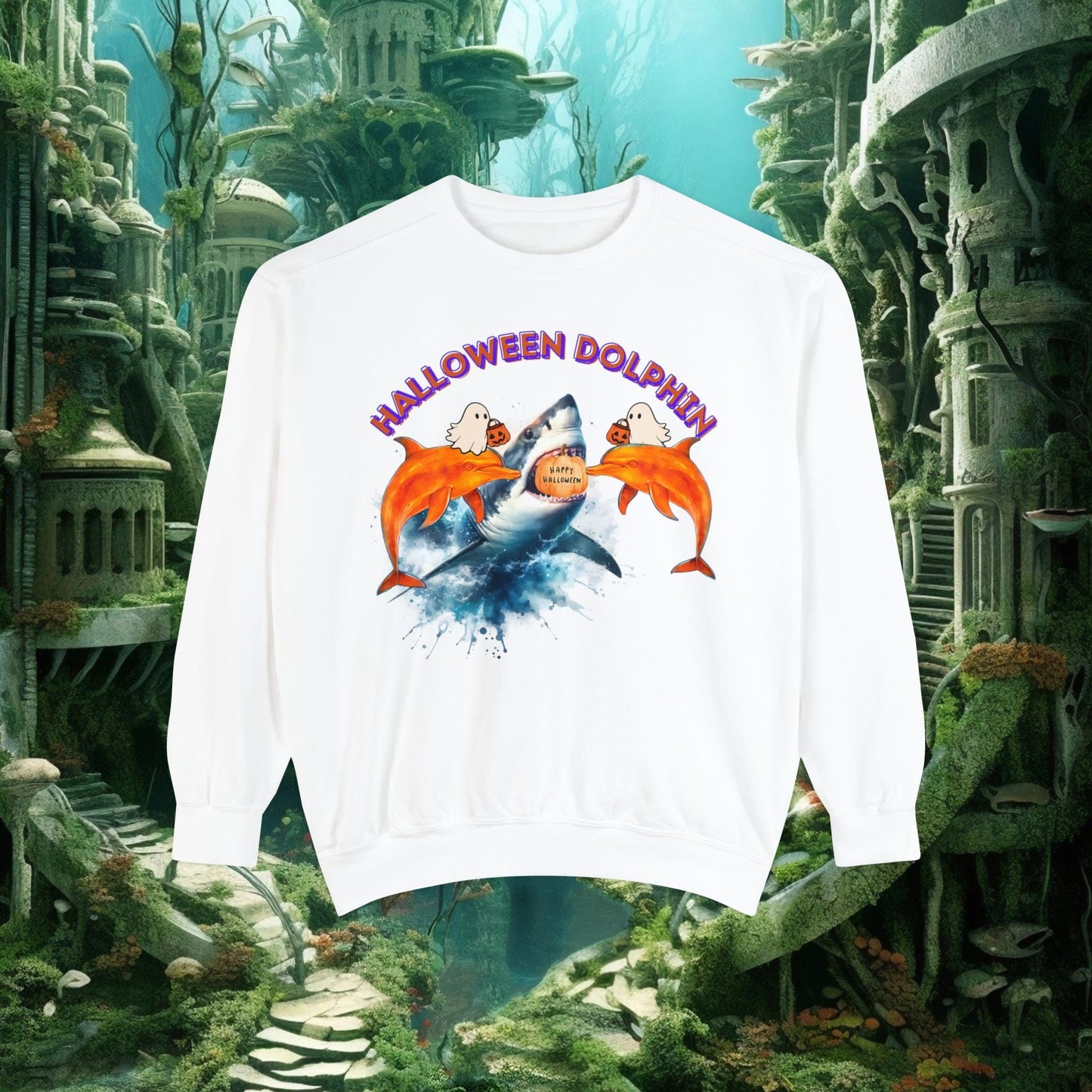 Printify Sweatshirt White / S Halloween Dolphin Sweatshirt | Shark & Dolphin Graphics | Spooky Ocean Lover Gift